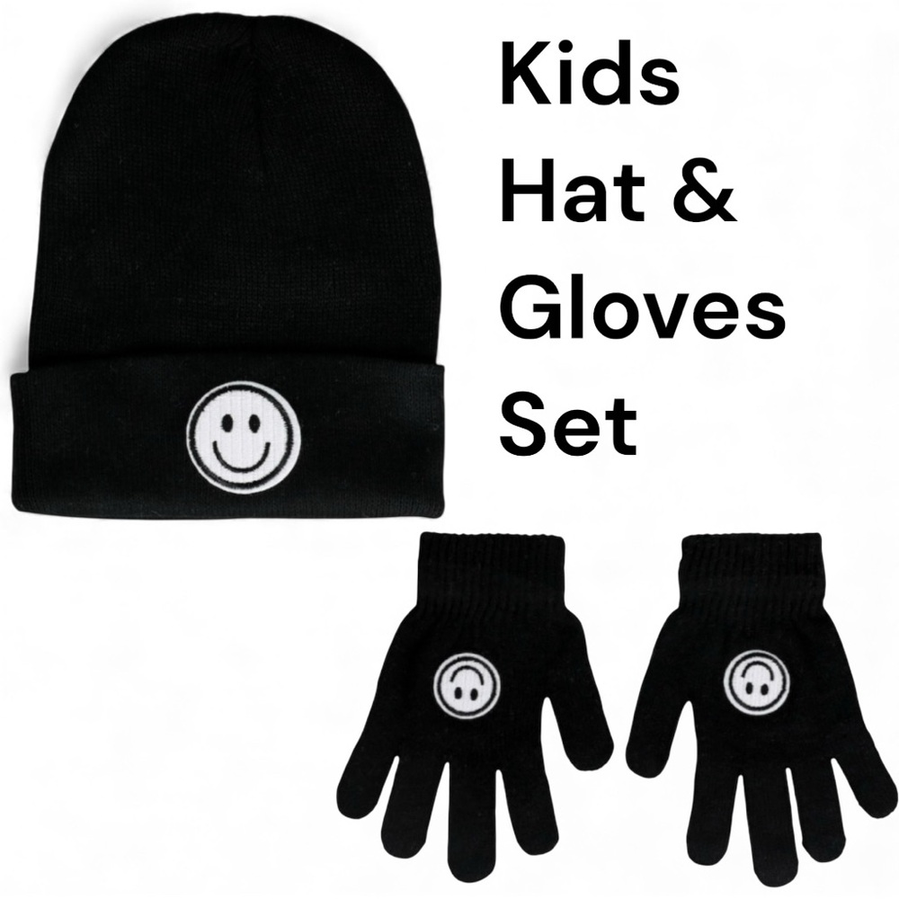 Kids Black Smiley Face Hat and Gloves Set
